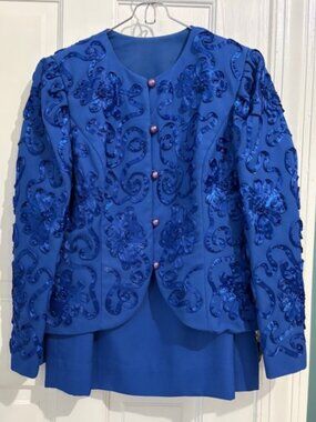 Vintage early '90s blue dressy Miss Elliette skirt suit